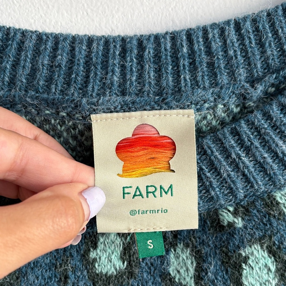 Farm Rio Green Leopard Knit Sweater Teal Blue Sz Small - Picture 5 of 11